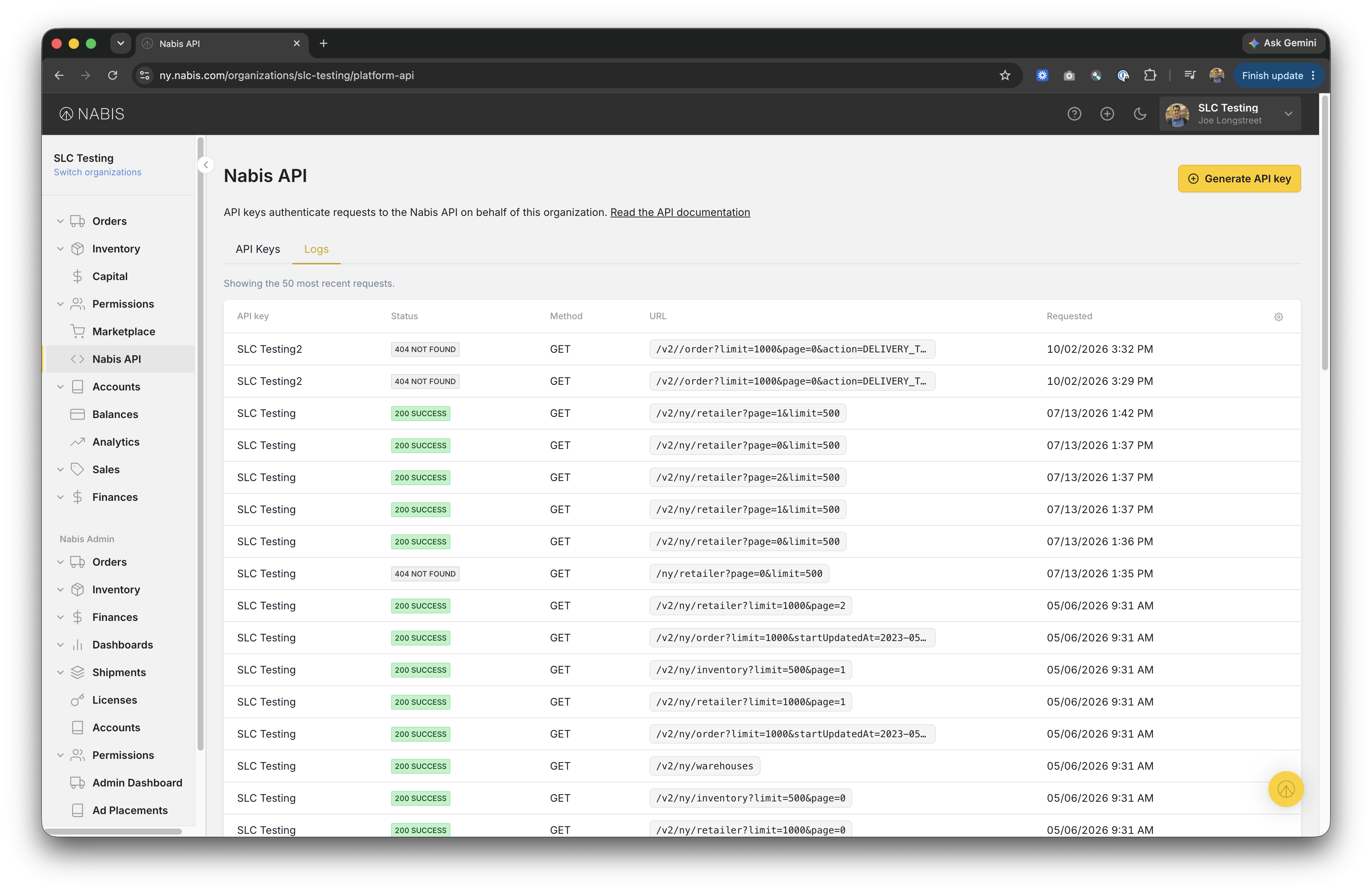 Audit logs from API calls