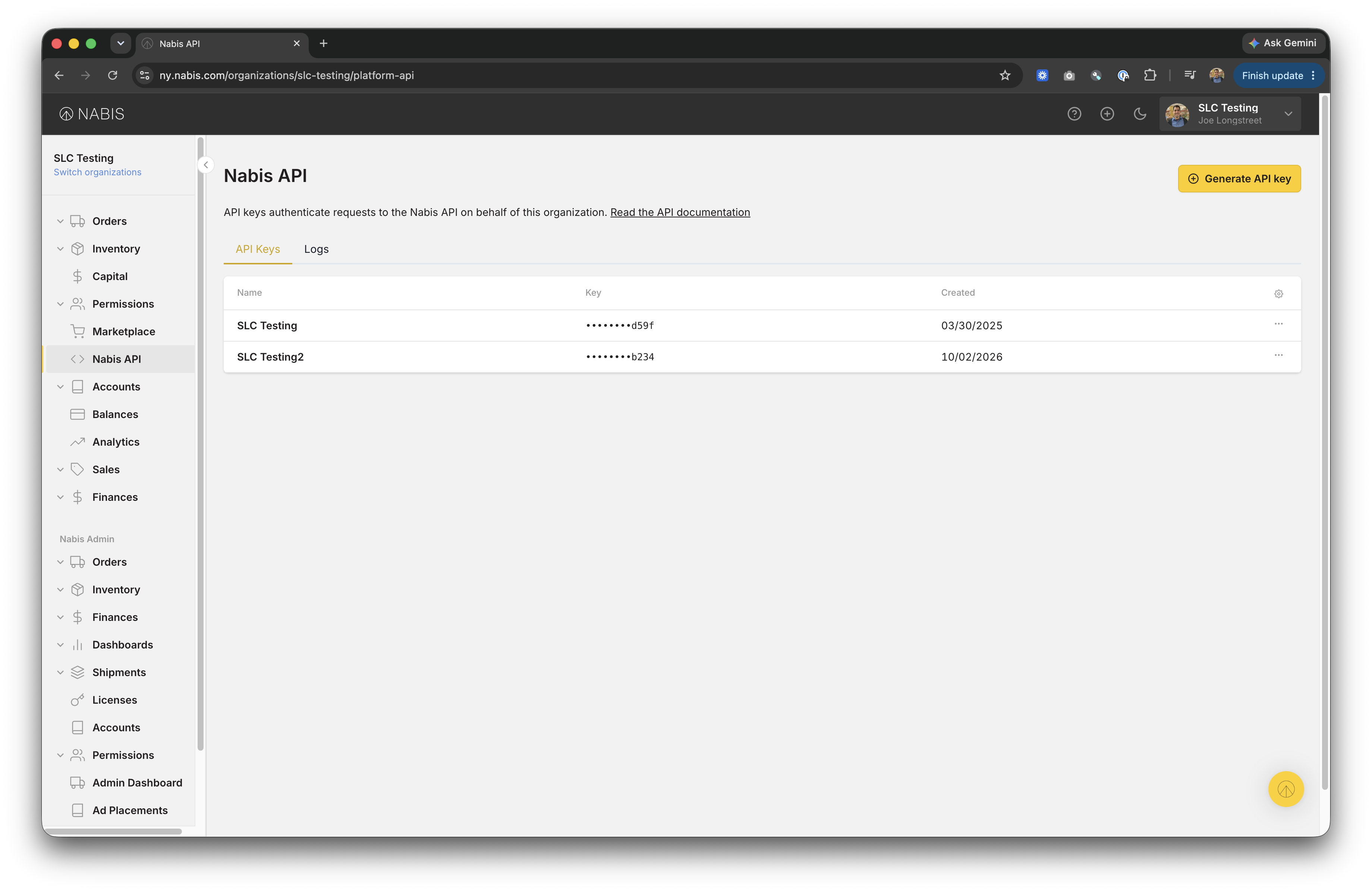 View newly created API key