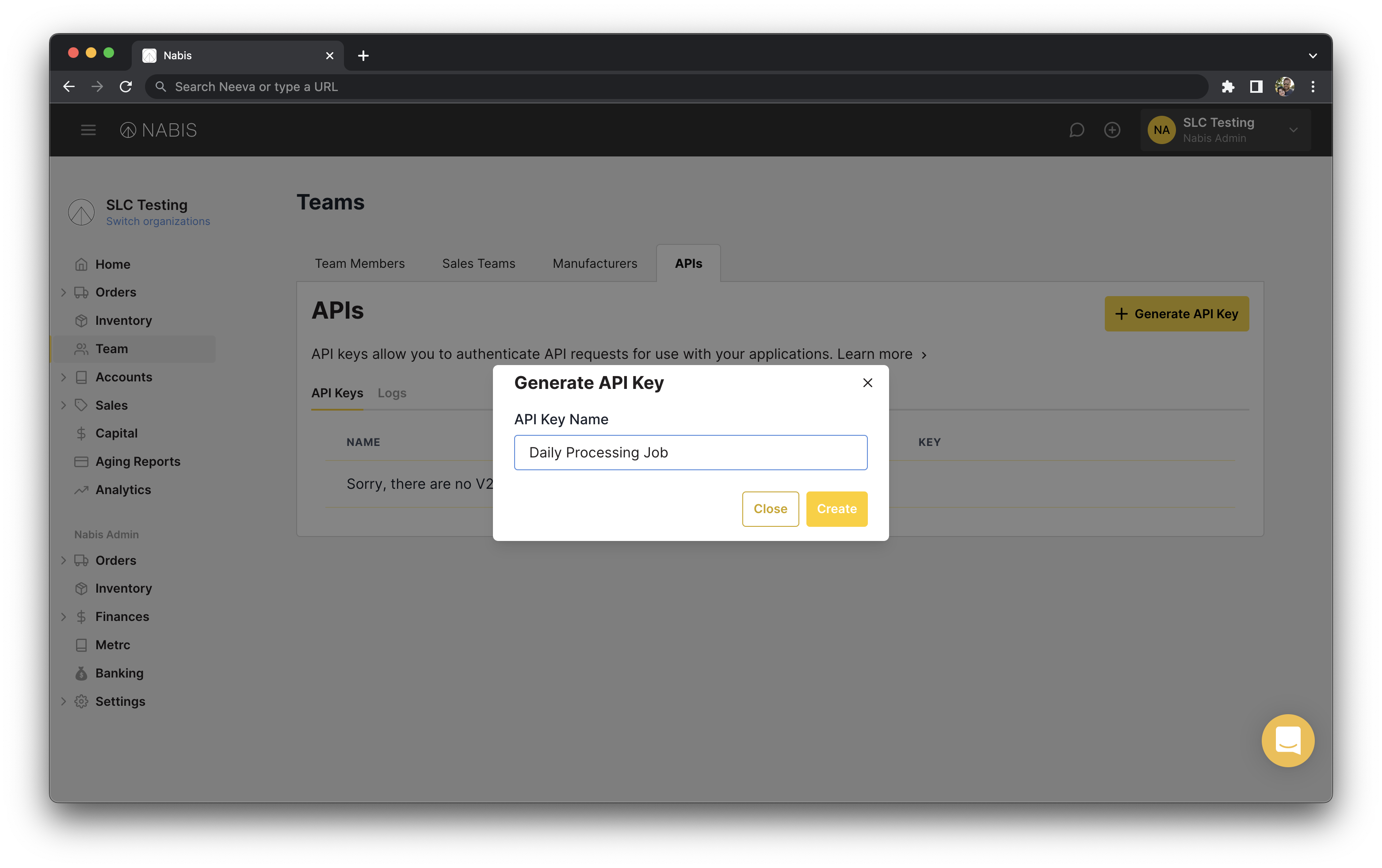 Generating an API Key Nabis Platform V2 API